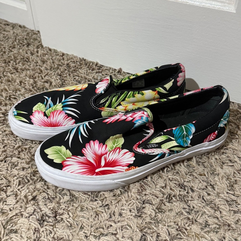 Vans Classic Slip-On Tropical Hibiscus Floral Black Sneakers Men 7.5 Women 9